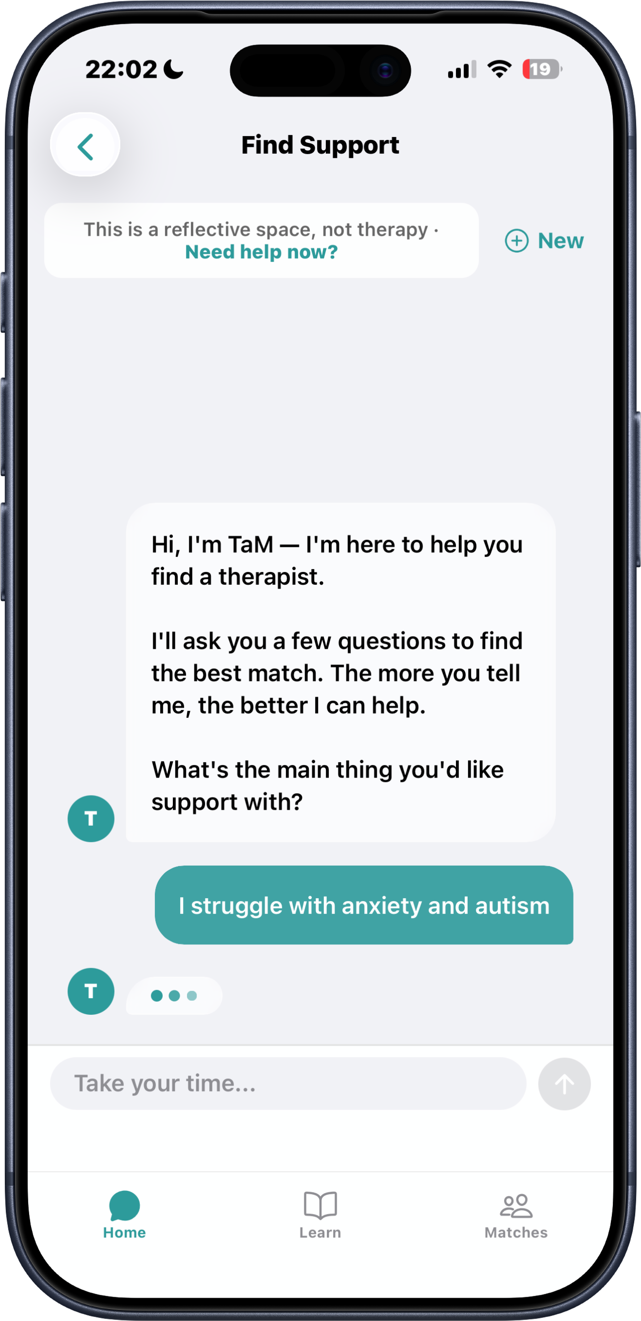 TaM Find Support chat screen preview