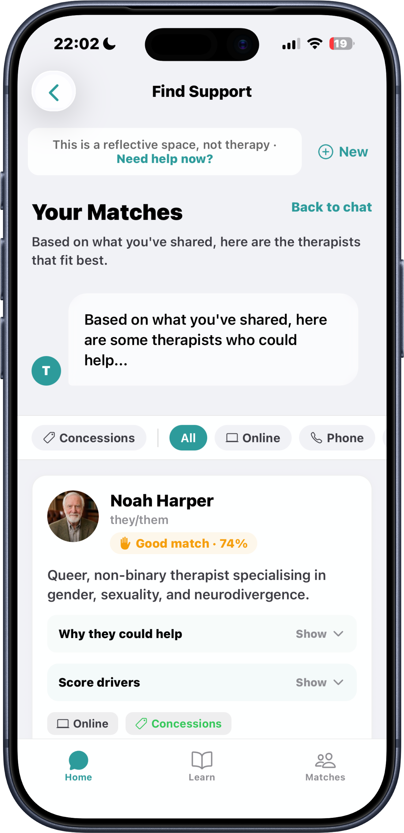 TaM results and therapist matches
