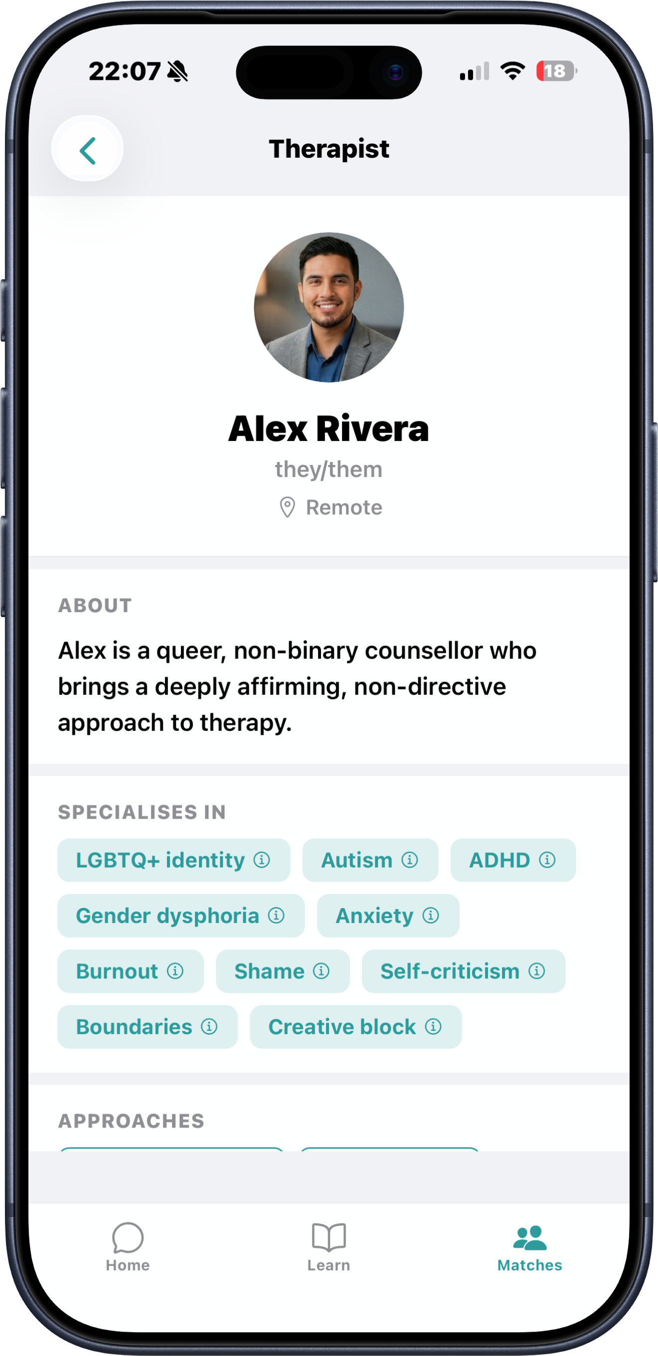 TaM therapist profile screen